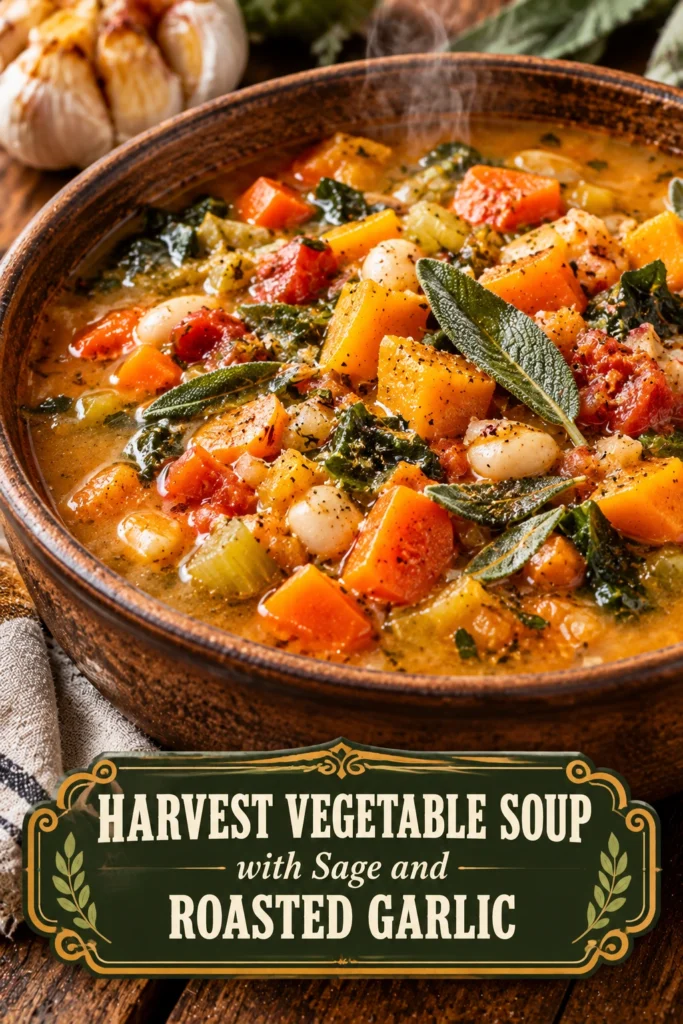A rustic bowl of harvest vegetable soup with carrots, potatoes, and kale, garnished with fresh sage leaves and croutons.