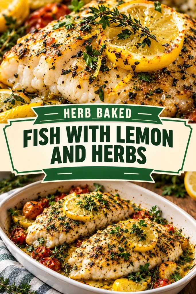 Baked white fish fillet topped with fresh parsley and dill, served with lemon slices on a white ceramic plate.