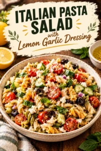 Rotini pasta salad with cherry tomatoes, black olives, red onion, and fresh parsley tossed in a lemon garlic dressing.