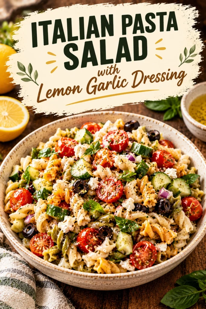 Rotini pasta salad with cherry tomatoes, black olives, red onion, and fresh parsley tossed in a lemon garlic dressing.