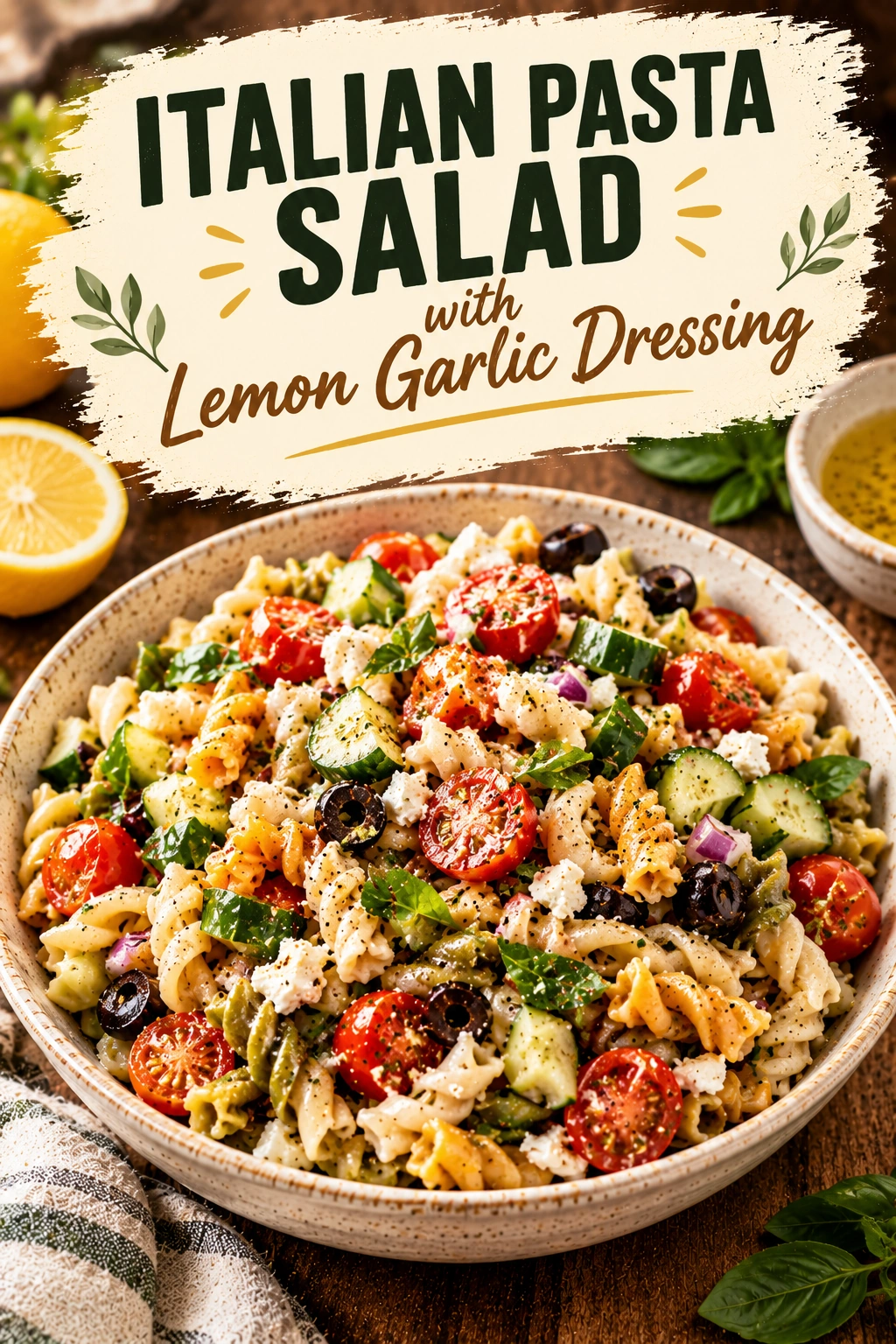 Rotini pasta salad with cherry tomatoes, black olives, red onion, and fresh parsley tossed in a lemon garlic dressing.