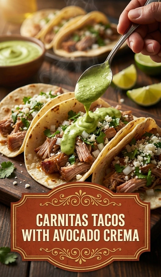 Carnitas Tacos with Avocado Crema | Authentic Mexican Pork Tacos Recipe recipe