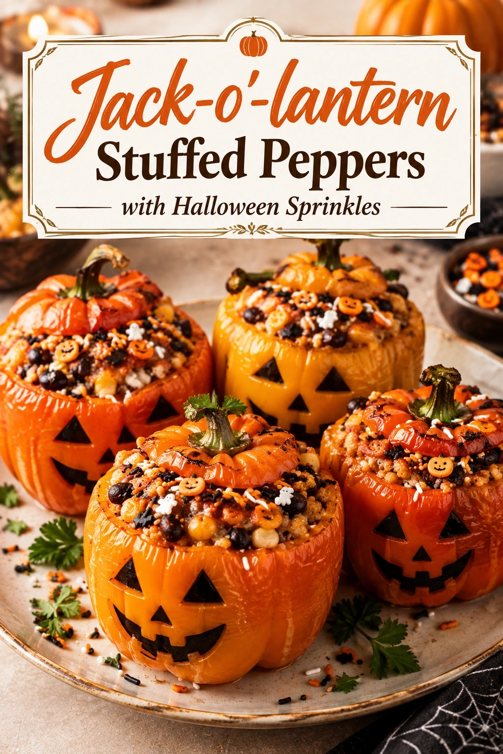 Jack-o’-lantern Stuffed Peppers with Halloween Sprinkles | Spooky Halloween Appetizer recipe