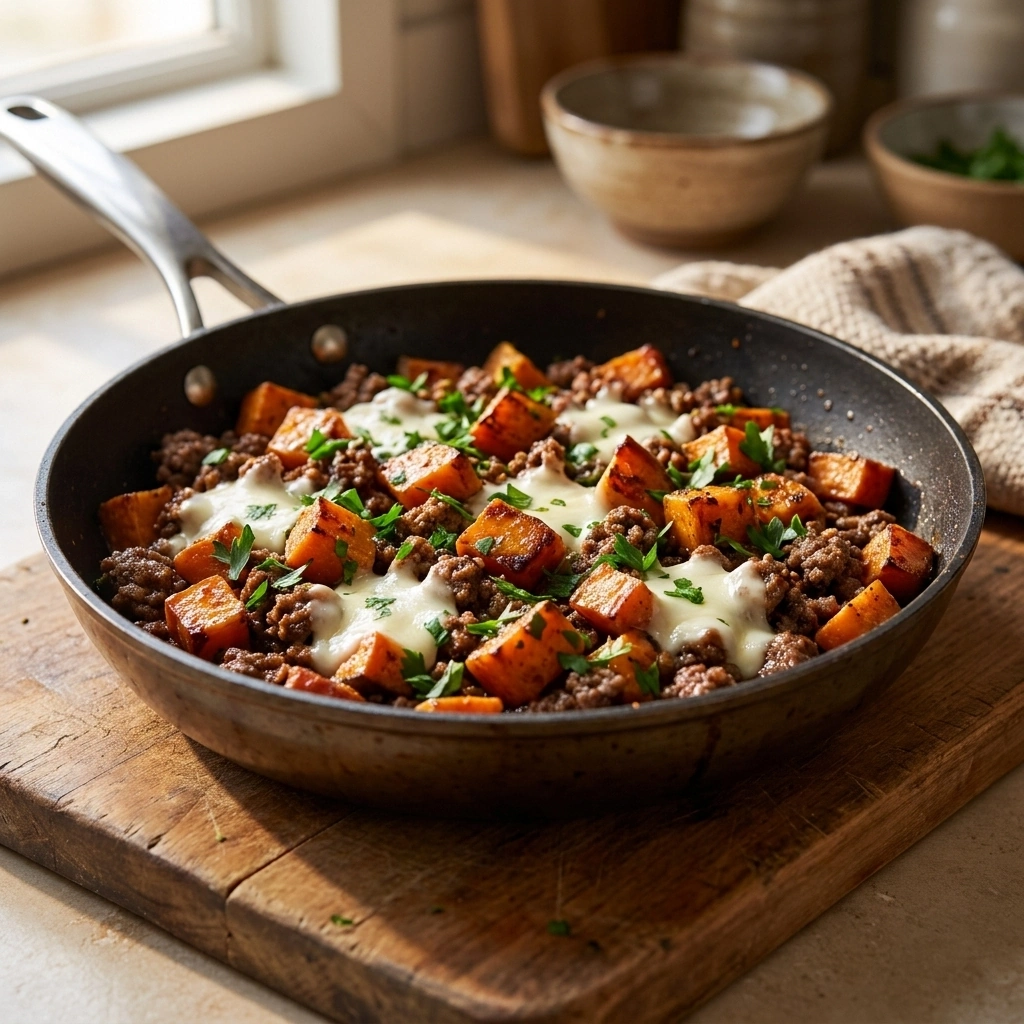 Savory Ground Beef and Sweet Potato Skillet | Easy Healthy Weeknight Dinner recipe