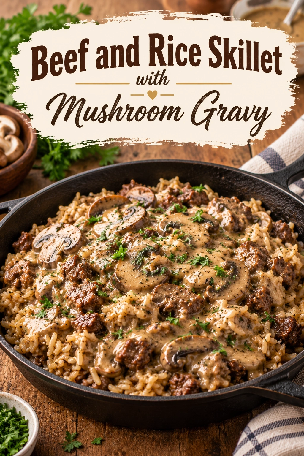 Beef and Rice Skillet with Mushroom Gravy | Easy One Pan Comfort Food Dinner recipe