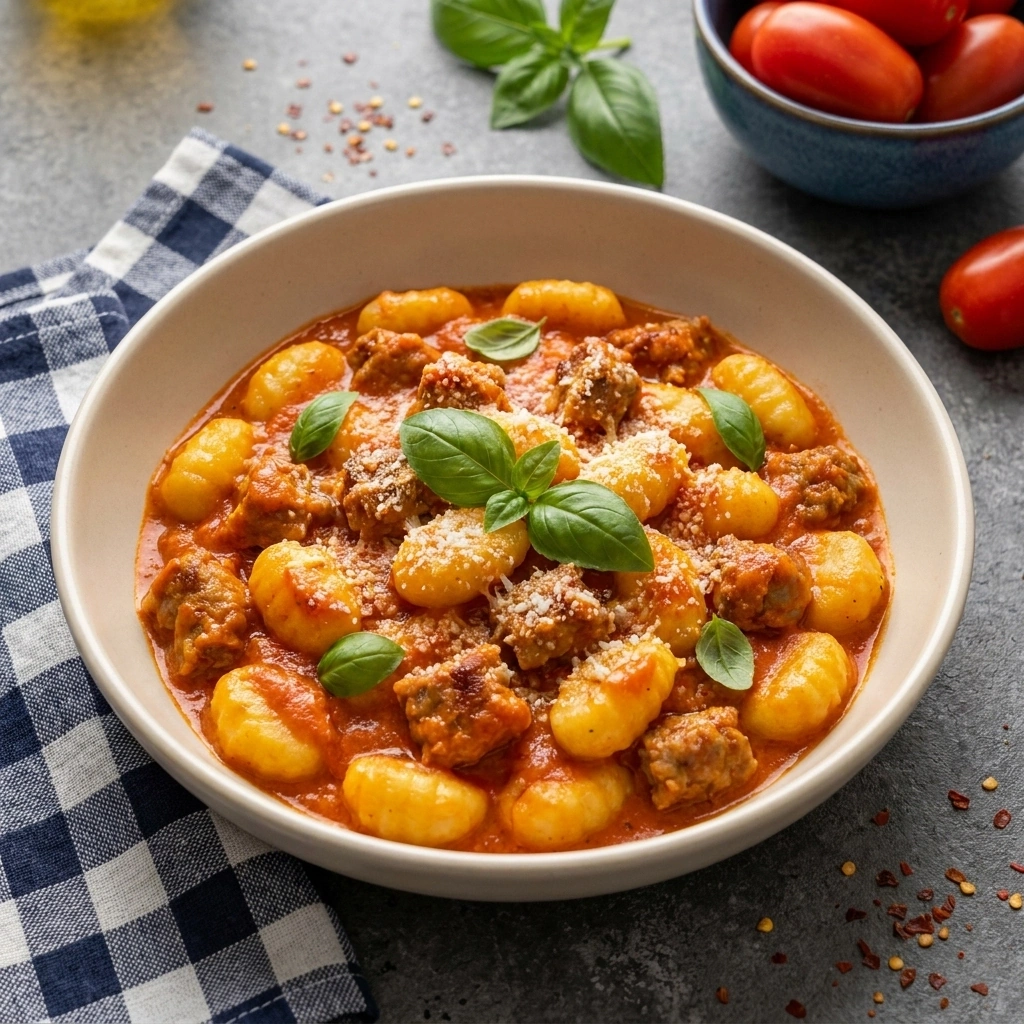 One Pan Italian Sausage Gnocchi with Creamy Garlic Sauce | Easy Weeknight Dinner recipe