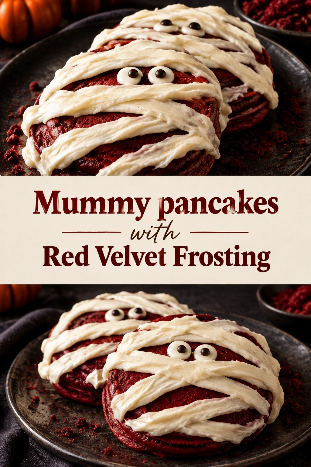 Mummy Pancakes with Red Velvet Frosting | Spooky Halloween Breakfast Idea recipe