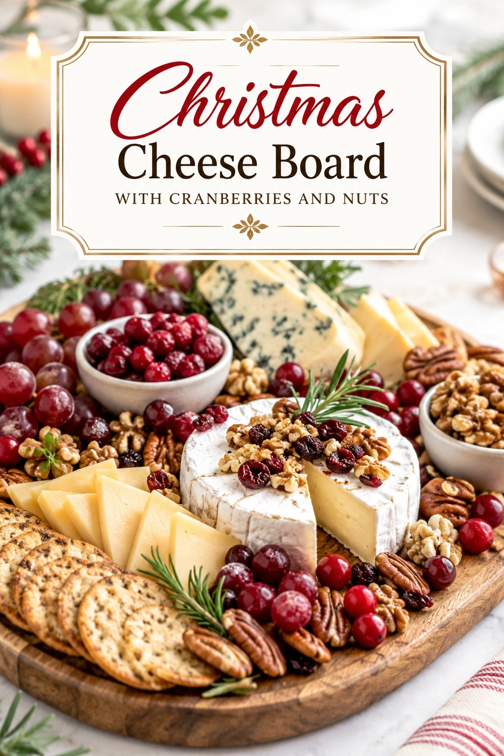Christmas Cheese Board with Cranberries and Nuts | Holiday Party Appetizer Idea recipe