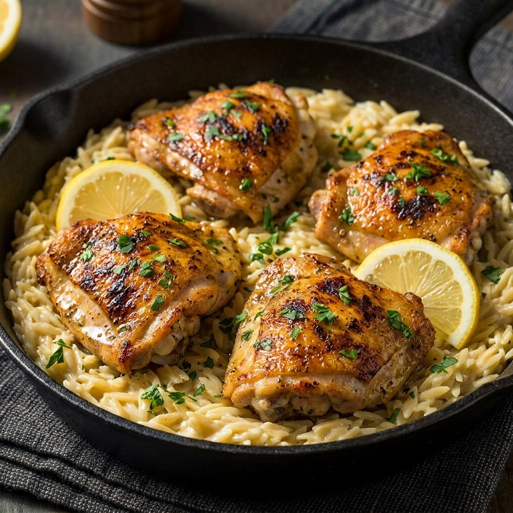 One-Pan Lemon Garlic Chicken Thighs with Orzo | Easy Weeknight Dinner Ideas recipe