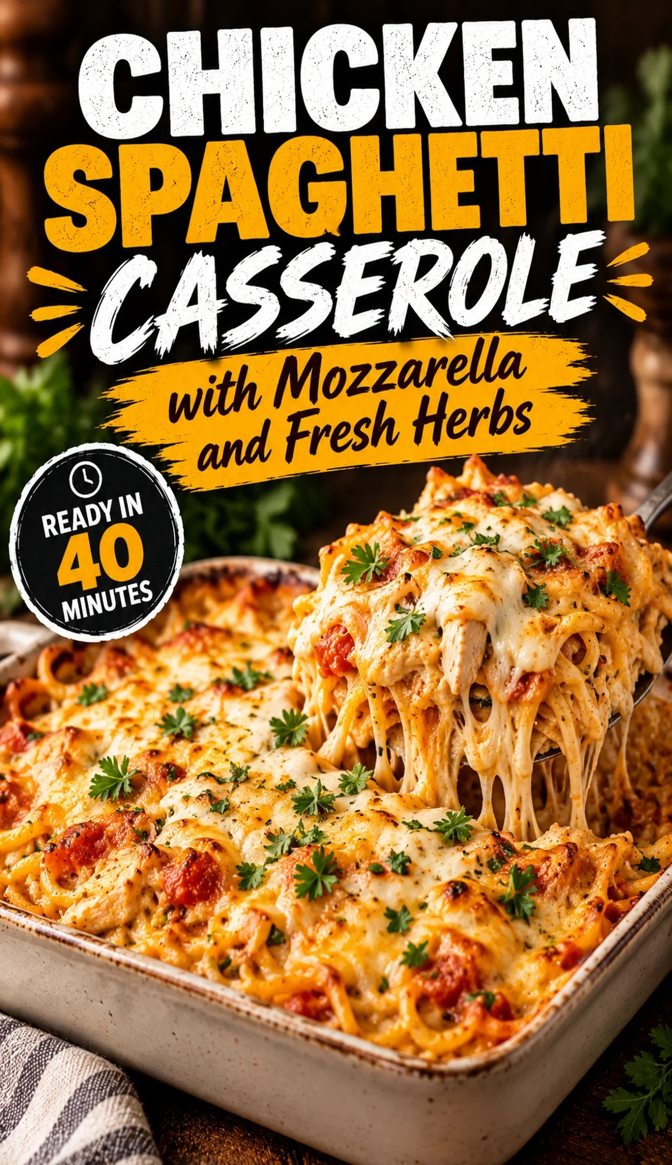 Chicken Spaghetti Casserole with Mozzarella and Fresh Herbs | Easy Family Dinner Ideas recipe