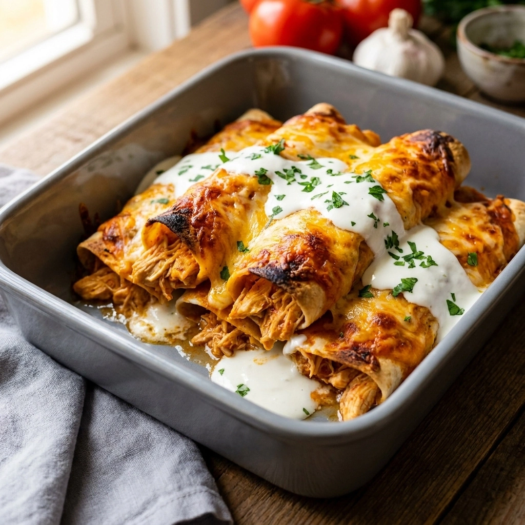 Chicken Enchiladas with Sour Cream White Sauce | Creamy White Chicken Enchiladas recipe