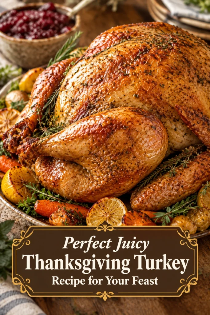 Golden brown roasted whole turkey on a platter, garnished with fresh rosemary and cranberries, served on a wooden table.