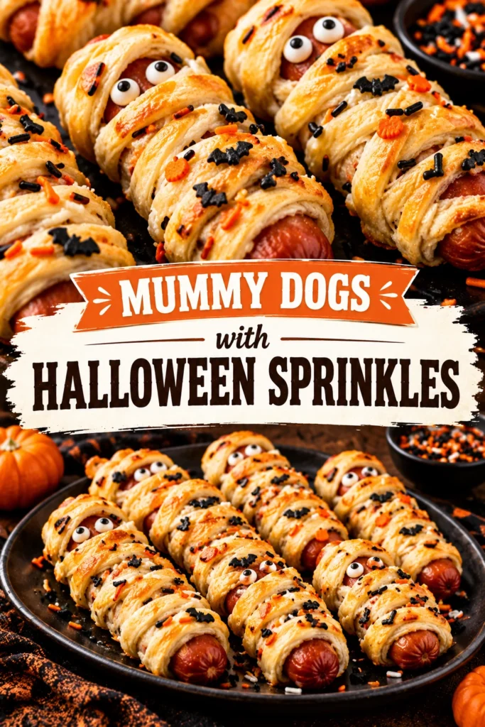 Hot dogs wrapped in thin strips of pastry to look like mummies, topped with colorful Halloween sprinkles and eyes.