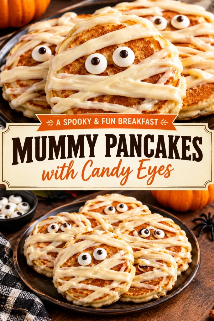 Stack of golden pancakes drizzled with white icing strips to look like mummies, topped with small candy eyes.