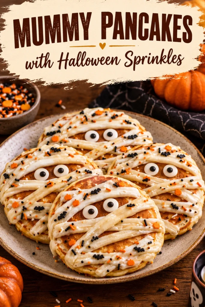 Stack of golden pancakes decorated with white icing strips to look like mummies, topped with colorful Halloween sprinkles.