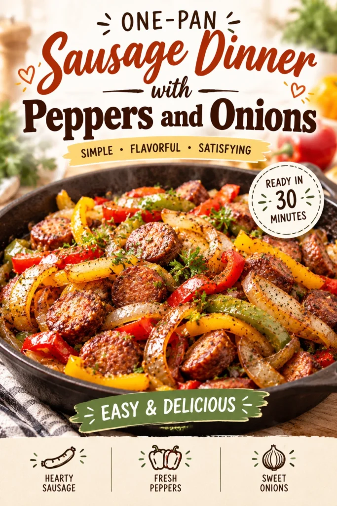 Sliced browned sausages, colorful bell peppers, and sautéed onions cooked together in a single pan, garnished with fresh parsley.