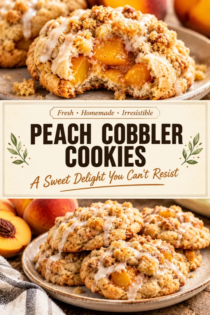 Soft peach cobbler cookies with golden brown edges, topped with a cinnamon sugar crumble and small peach pieces.