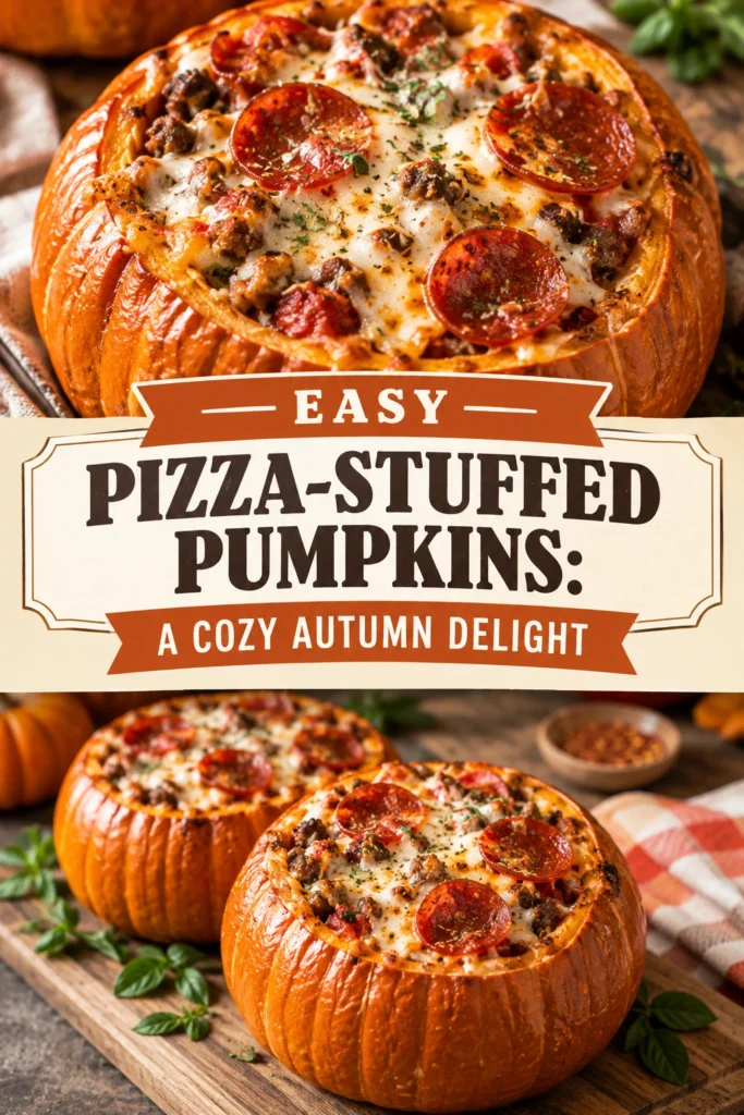 Miniature roasted pumpkins stuffed with melted mozzarella, marinara sauce, and pepperoni, served on a rustic wooden tabletop.