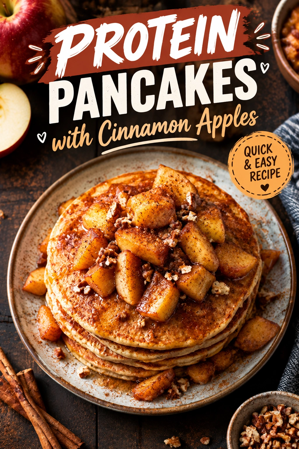 Stack of golden protein pancakes topped with sautéed cinnamon apples and a drizzle of maple syrup on a plate.