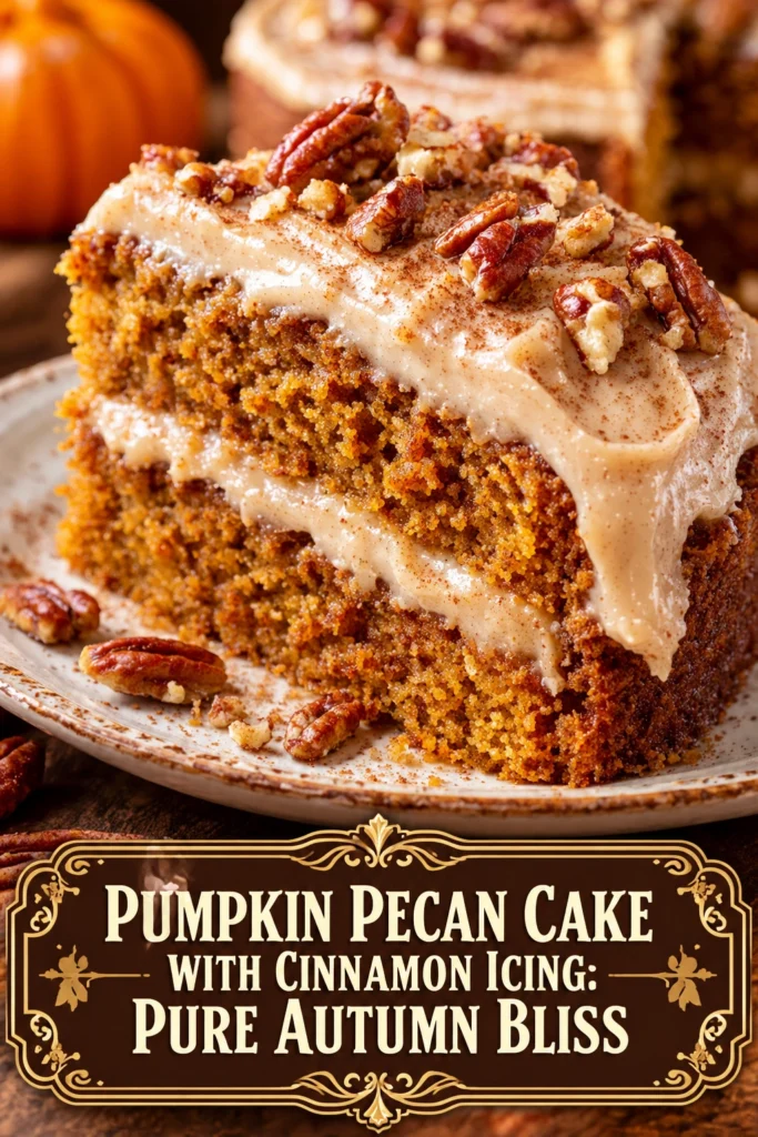 A slice of moist pumpkin pecan cake topped with creamy cinnamon icing and toasted pecan halves on a plate.