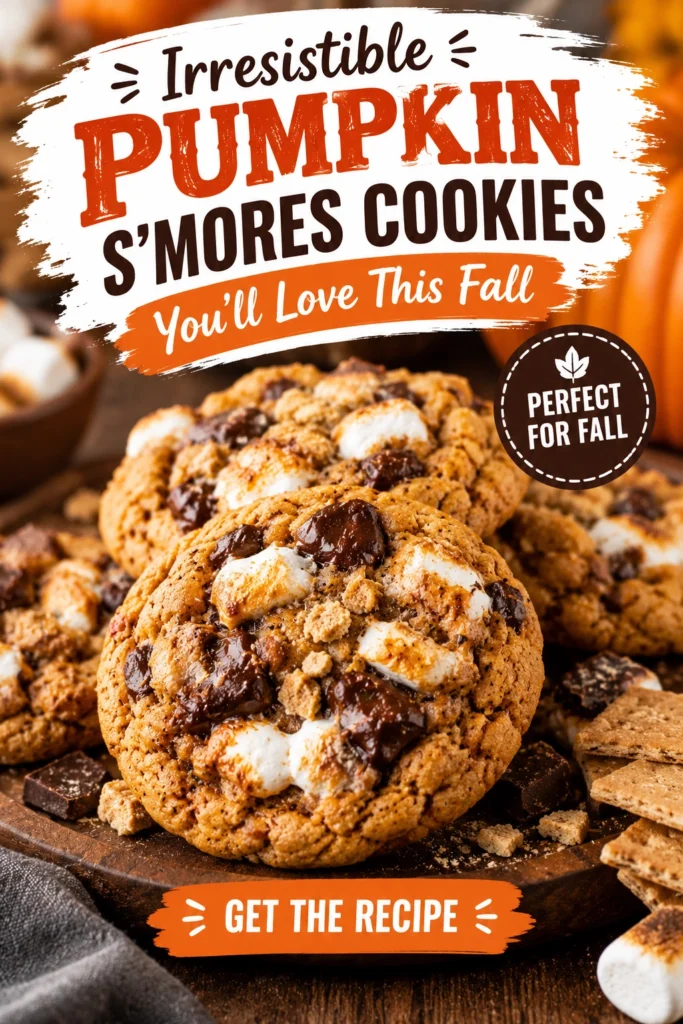 Soft pumpkin cookies topped with toasted marshmallows and melted chocolate squares, arranged on a rustic baking sheet.