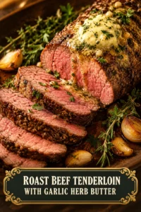 Slices of medium-rare roast beef tenderloin topped with melting garlic herb butter on a white platter with garnish.