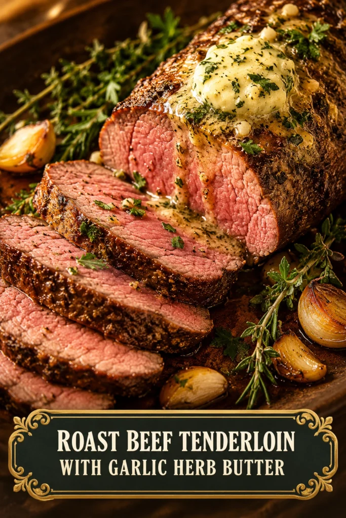 Slices of medium-rare roast beef tenderloin topped with melting garlic herb butter on a white platter with garnish.