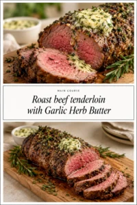Sliced roast beef tenderloin on a platter, topped with melting garlic herb butter and garnished with fresh parsley.