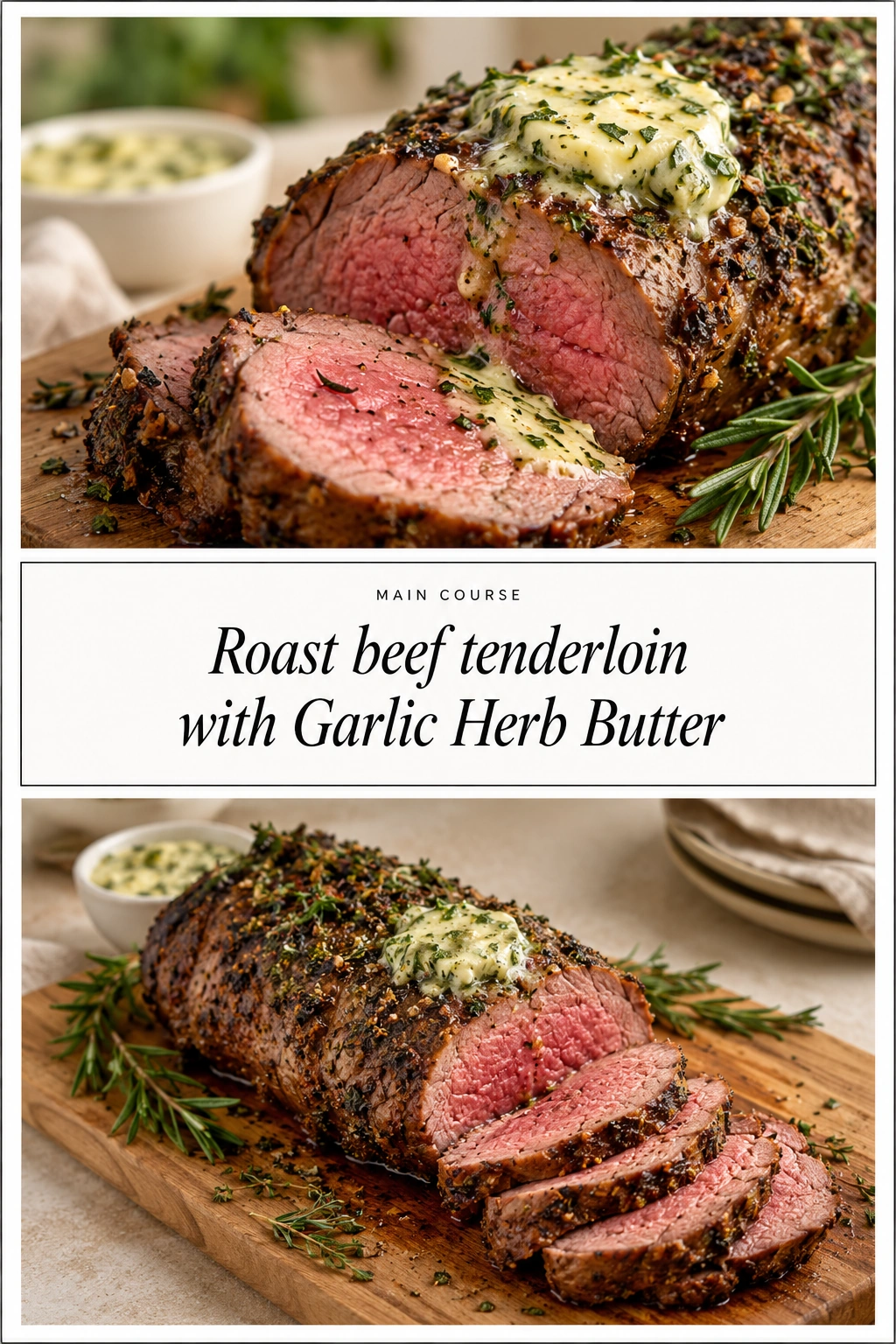 Sliced roast beef tenderloin on a platter, topped with melting garlic herb butter and garnished with fresh parsley.