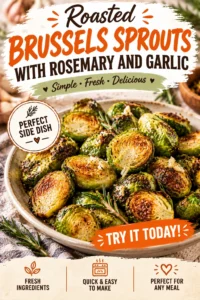 Charred roasted Brussels sprouts halved and tossed with minced garlic and fresh rosemary sprigs on a baking sheet.