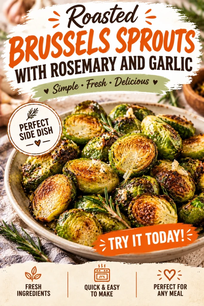 Charred roasted Brussels sprouts halved and tossed with minced garlic and fresh rosemary sprigs on a baking sheet.