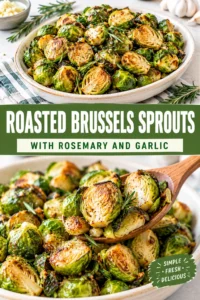 Charred roasted Brussels sprouts halved and tossed with minced garlic and fresh rosemary sprigs on a baking sheet.