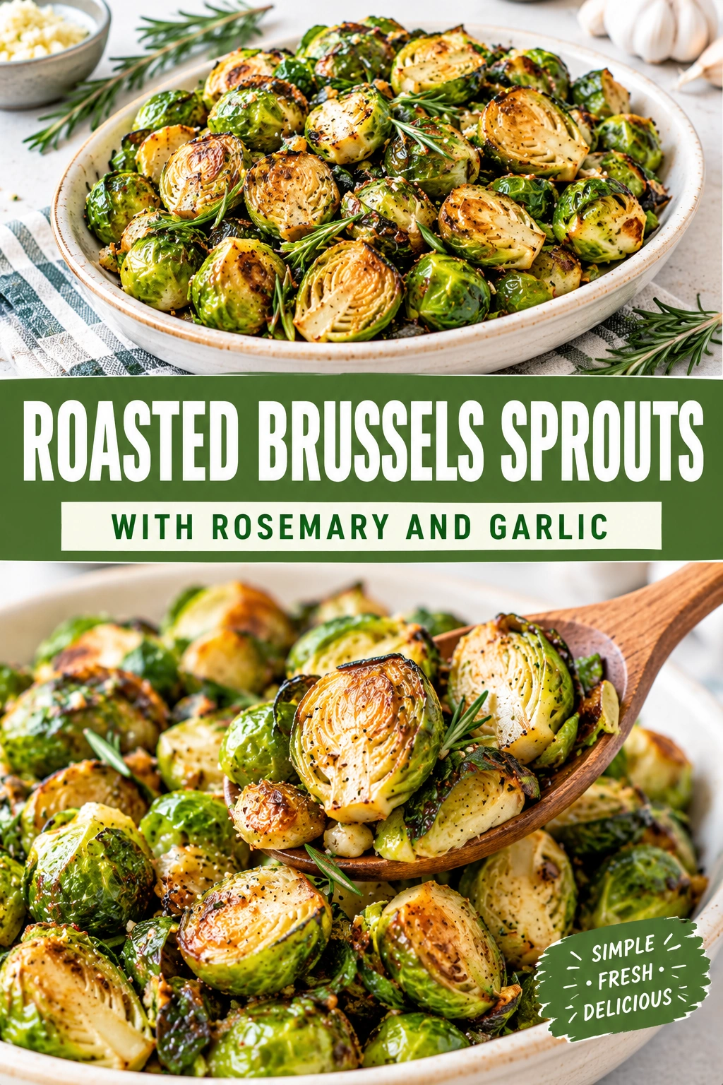 Charred roasted Brussels sprouts halved and tossed with minced garlic and fresh rosemary sprigs on a baking sheet.