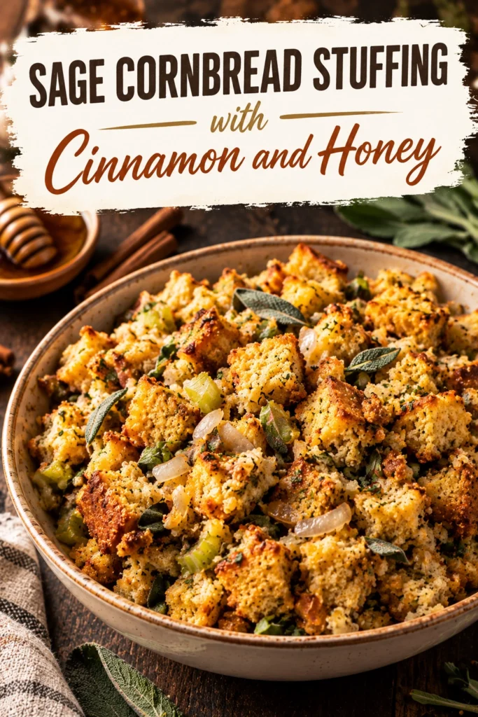 A rustic baking dish of golden brown cornbread stuffing garnished with fresh sage leaves and a honey drizzle.