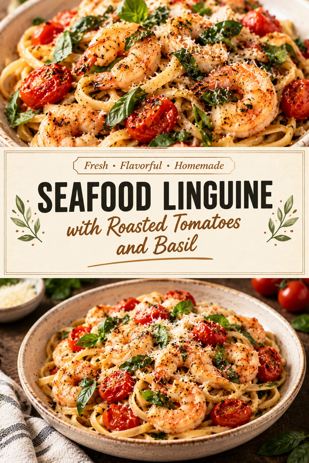 Seafood linguine with shrimp and scallops, tossed with roasted cherry tomatoes and fresh basil leaves in a white bowl.