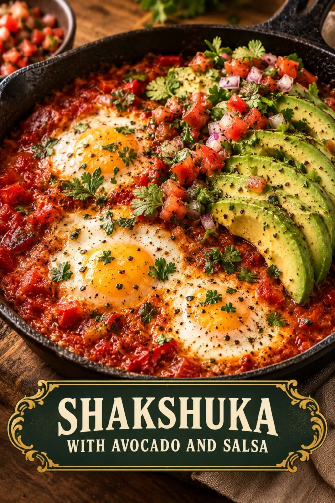 Poached eggs in a simmering tomato pepper sauce topped with sliced avocado, fresh cilantro, and a dollop of salsa.