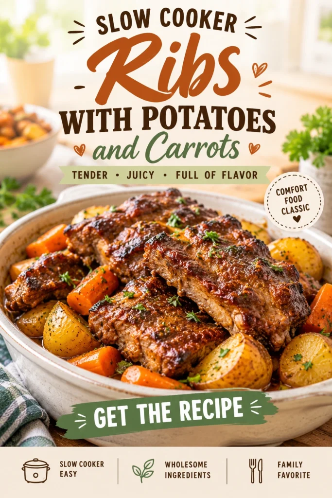 Tender slow cooker ribs glazed in BBQ sauce, served with soft carrots and potatoes in a rustic ceramic pot.