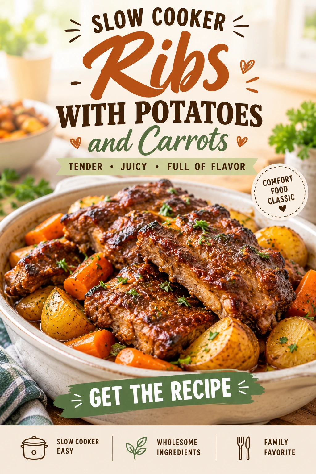 Tender slow cooker ribs glazed in BBQ sauce, served with soft carrots and potatoes in a rustic ceramic pot.