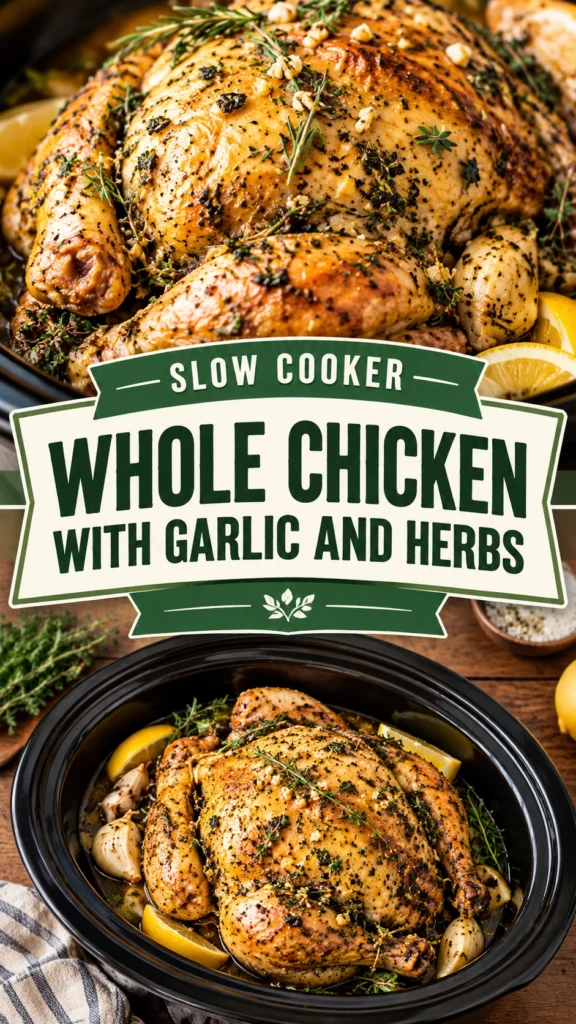 A golden-brown whole roasted chicken in a slow cooker, garnished with fresh herbs and garlic cloves in savory juices.