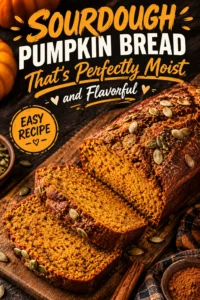 A sliced loaf of moist sourdough pumpkin bread on a wooden board, showing a dense, orange-gold interior crumb.