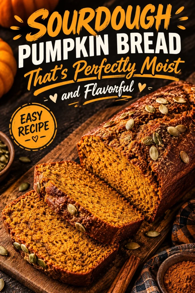 A sliced loaf of moist sourdough pumpkin bread on a wooden board, showing a dense, orange-gold interior crumb.