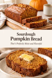 A slice of moist sourdough pumpkin bread on a wooden board, showing a dense orange crumb and golden crust.