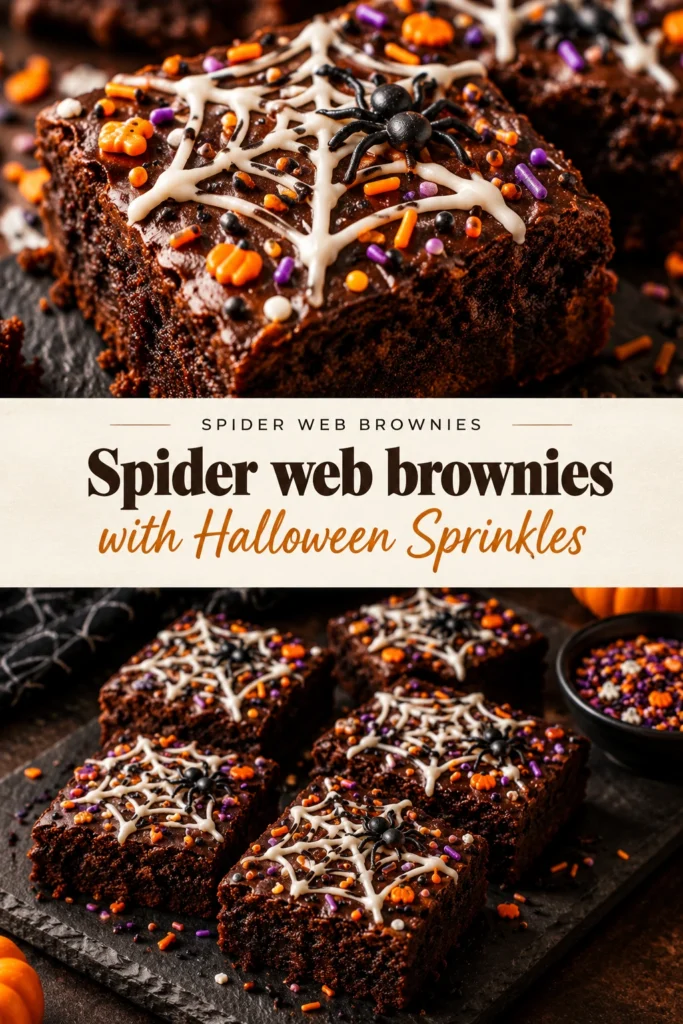 Square chocolate brownies topped with a white icing spider web design and colorful Halloween sprinkles on a dark background.