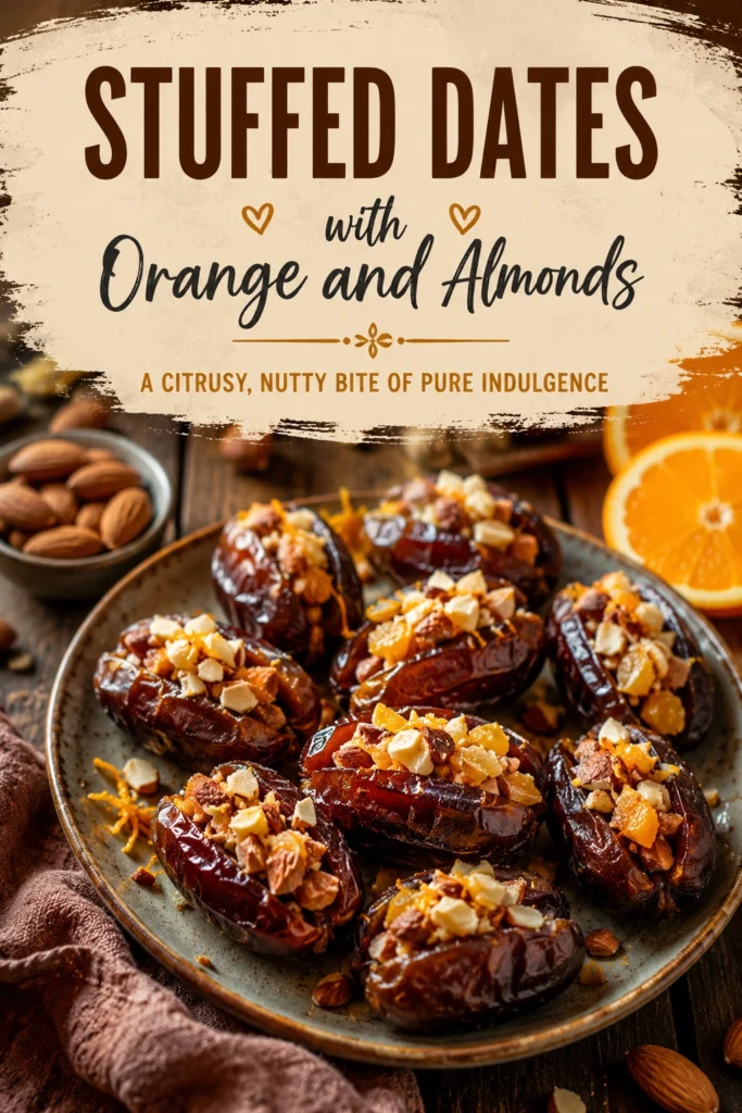 Pitted dates stuffed with sliced almonds and orange zest, arranged on a platter and garnished with fresh mint leaves.