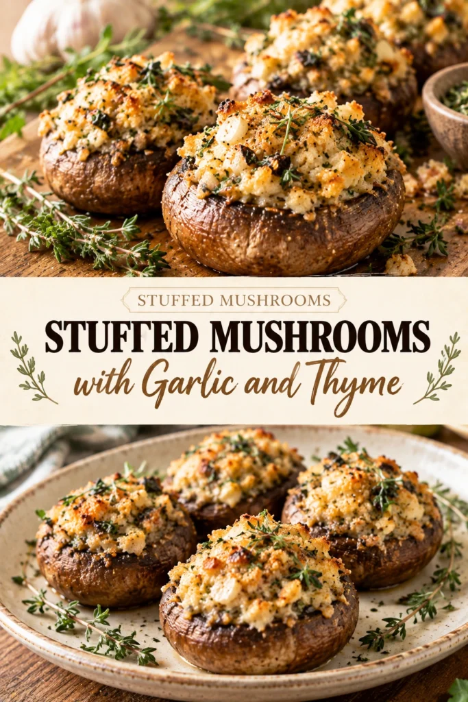 Roasted mushroom caps filled with a savory garlic and thyme stuffing, garnished with fresh herbs on a white platter.