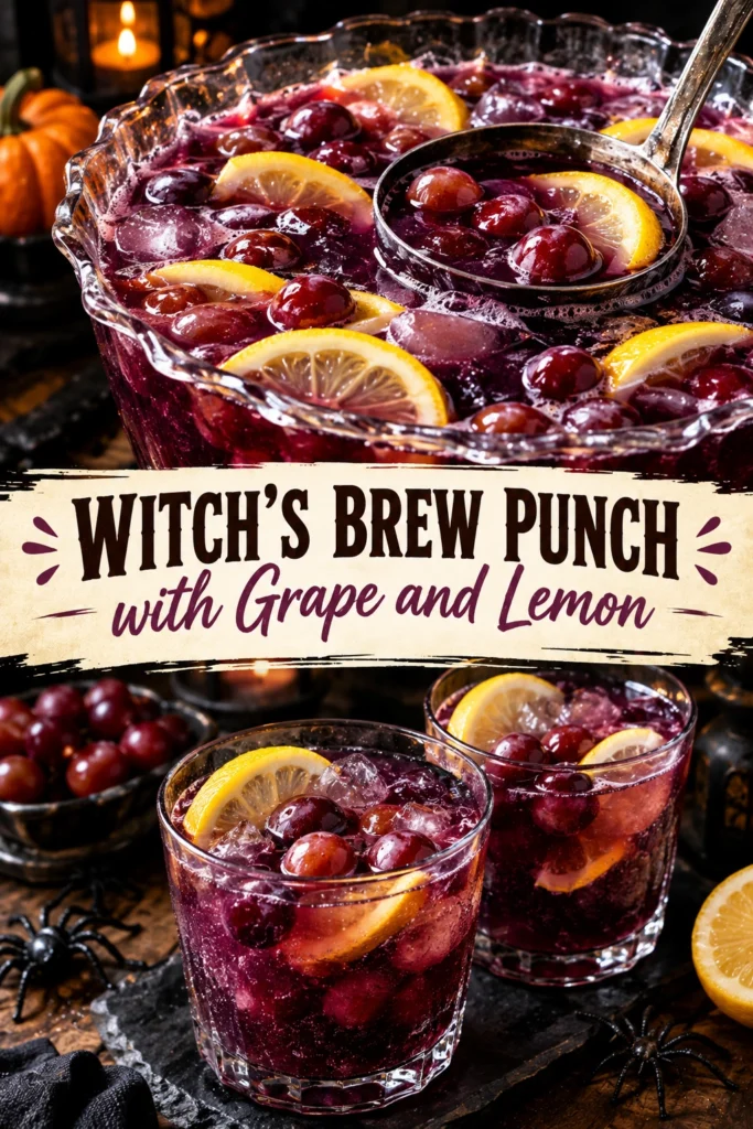 Purple grape and lemon punch in a glass bowl, garnished with lemon slices and floating ice cubes.