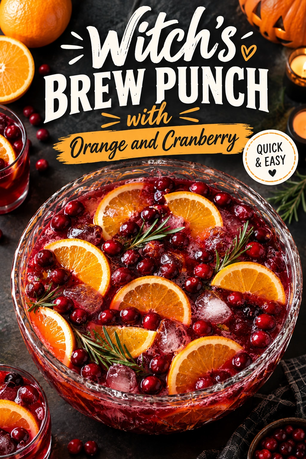 A glass bowl of vibrant orange and cranberry punch garnished with fresh orange slices and floating frozen berries.